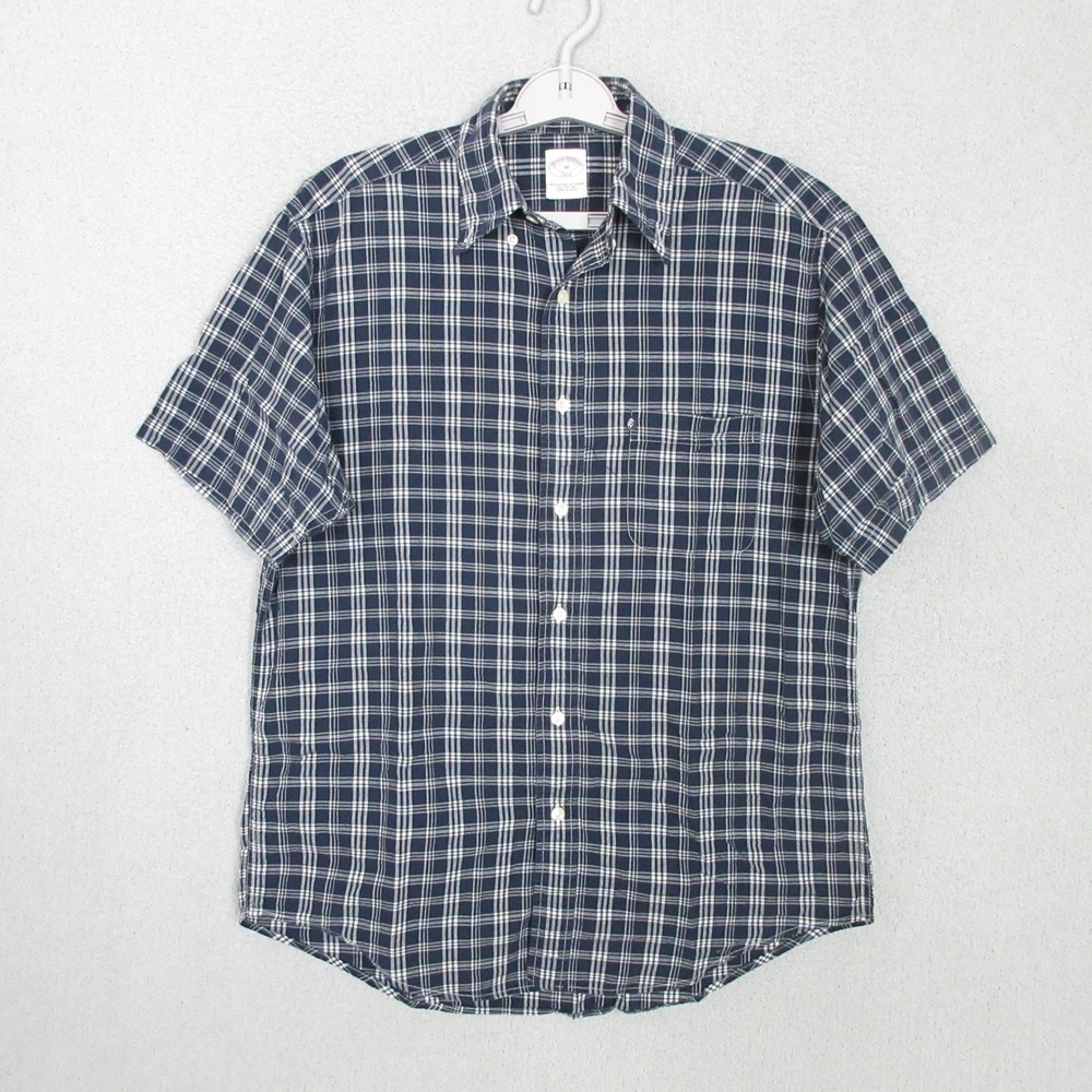 Brooks Brothers 346 Mens Medium Navy Blue White Plaid Short Sleeve Button Shirt